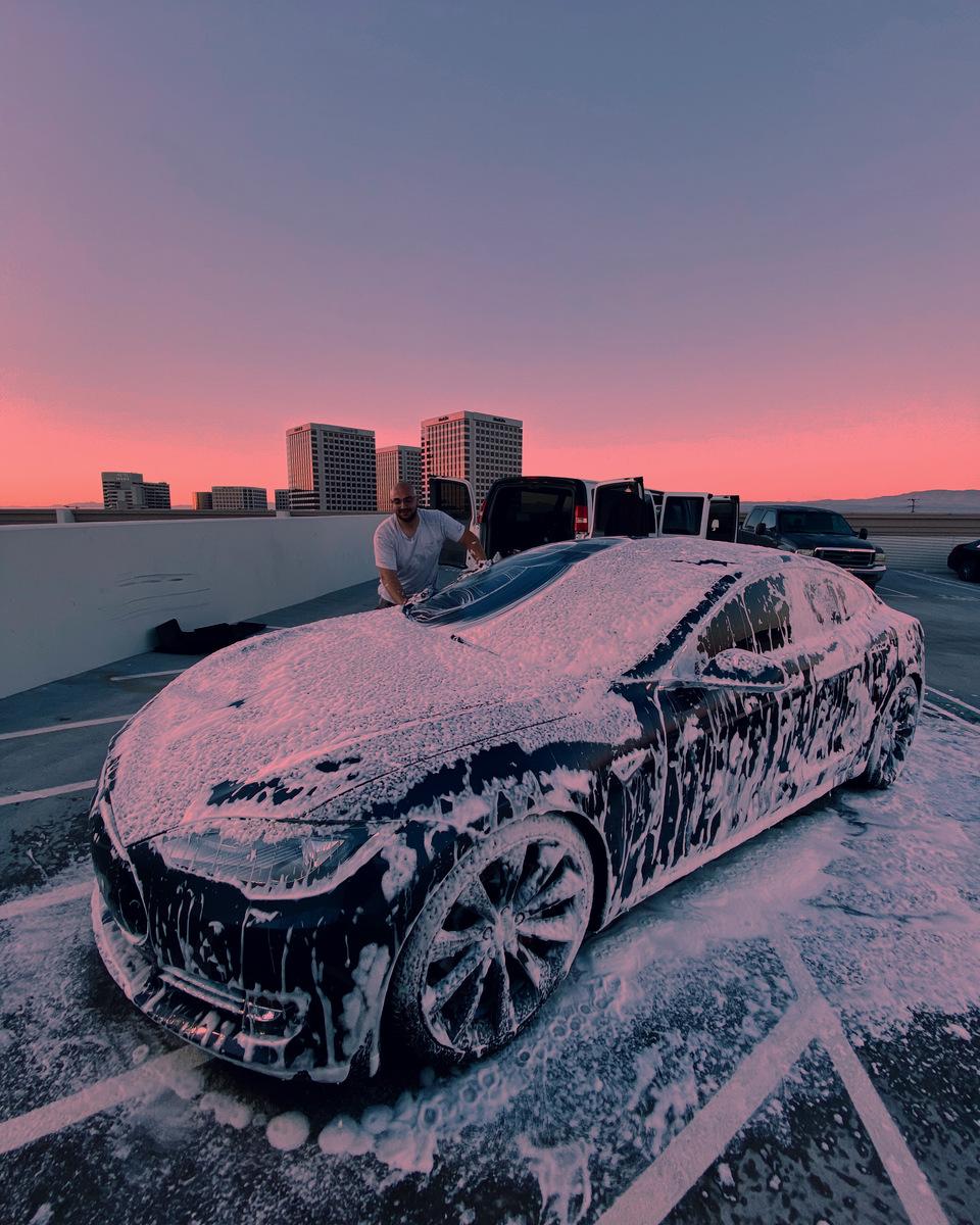 Tesla premium foam wash treatment at golden hour by DA1MAMBA